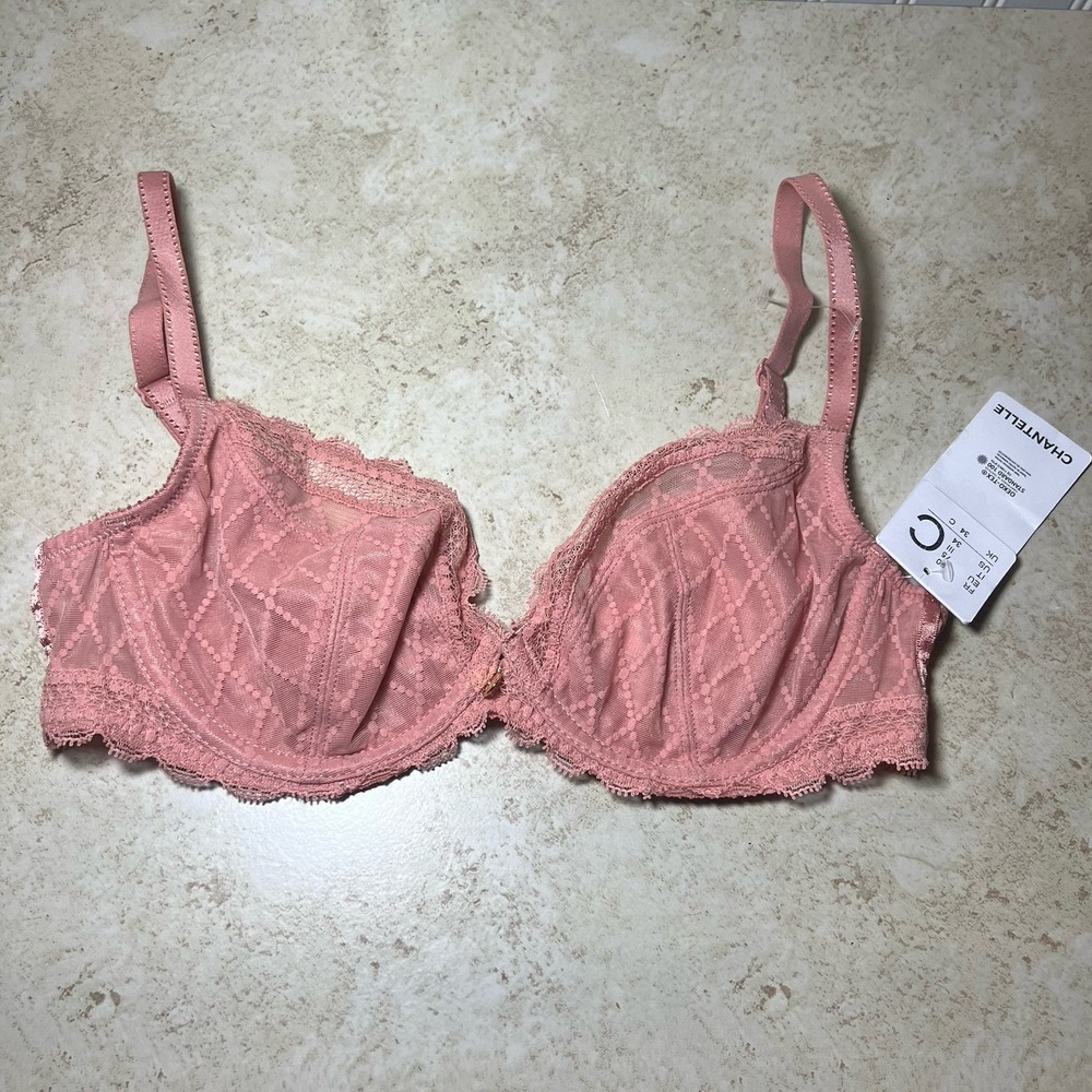 Chantelle NWT Dusty Rose Lace Underwire Bra 34C Chic Geometric Sheer Mesh Luxury